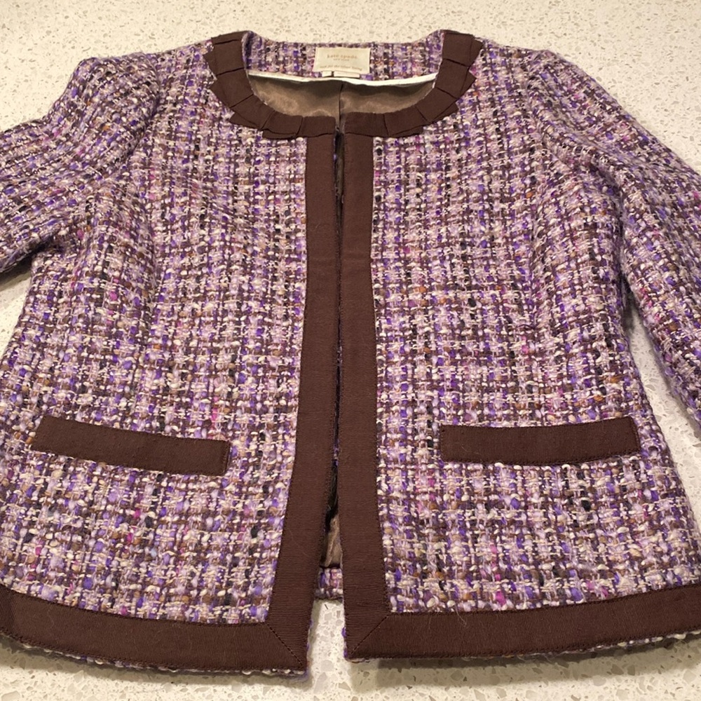 kate spade Purple Tweed Boxy Jacket with Brown Trim